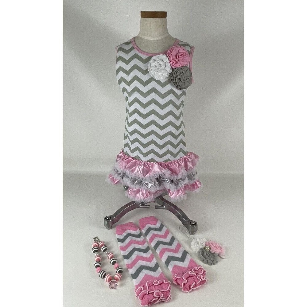 Girls Dress 5/6 Tutu Large Pink Chevron Boutique Dress Up Party 5 Pc Set New